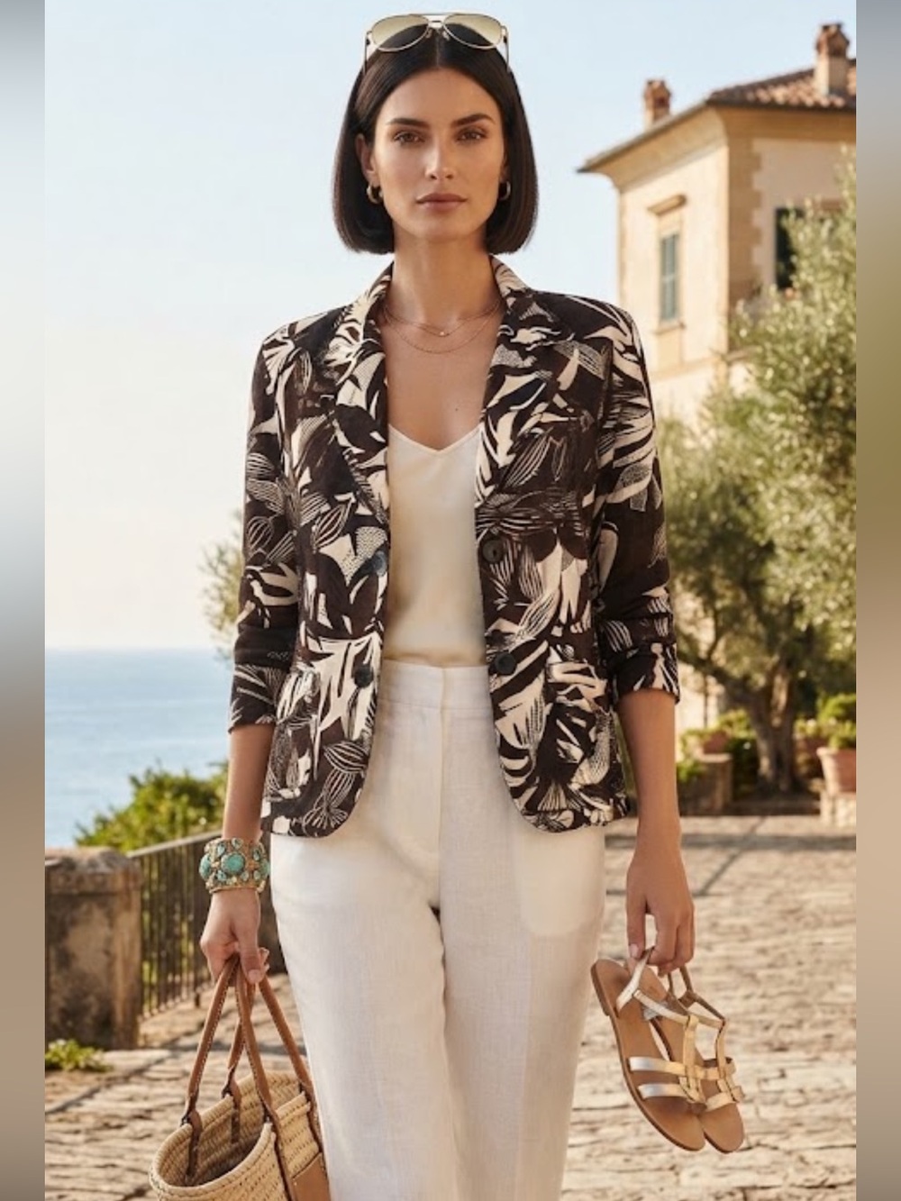 Chico’s 100% Silk Brown n Cream Pattern Textured Blazer Size L
